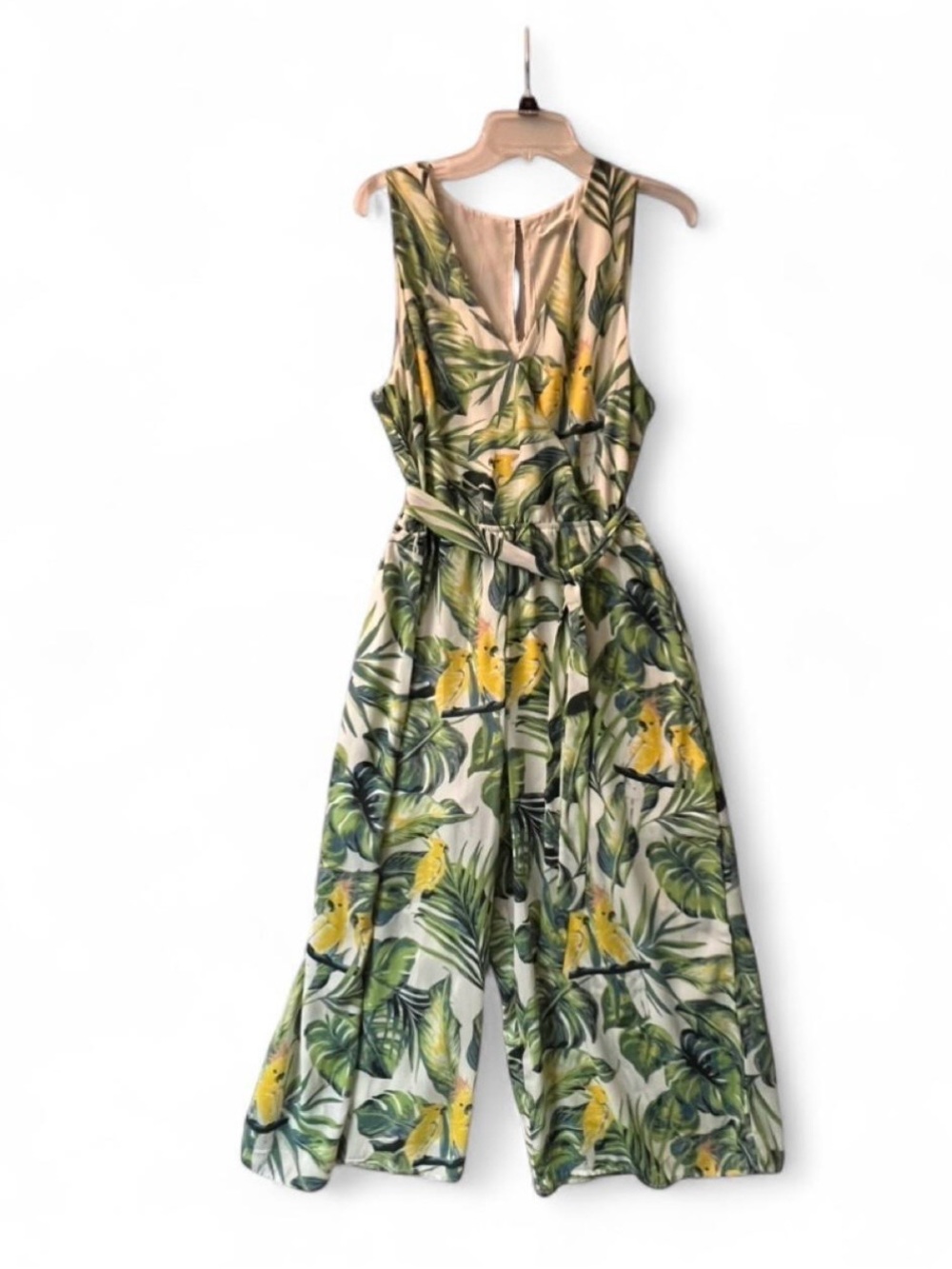 Womens Small yellow parrots green Tropical Print Jumpsuit Romper flare leg